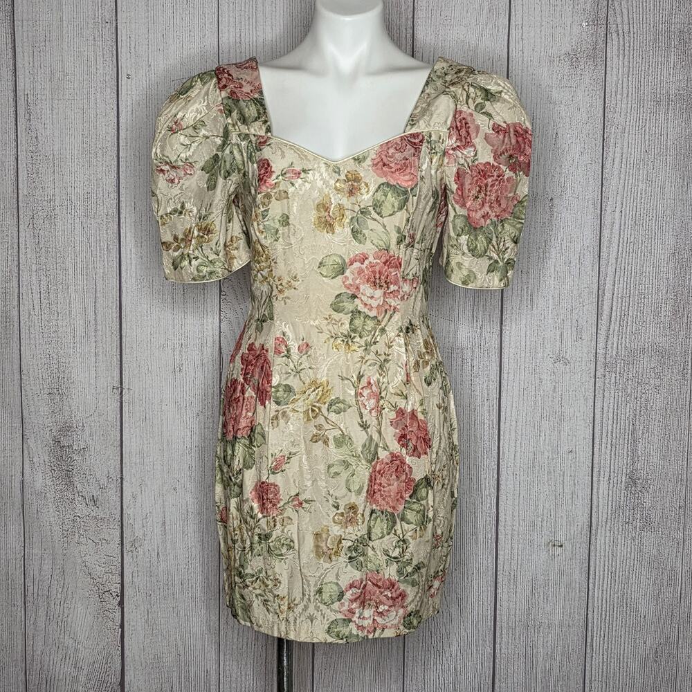 Vintage Just Eve Floral Brocade Mini Dress 10 Puff Sleeve Romantic Party